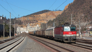 Treno compreto di carri H con una cisterna in mezzo affidato alla 1144 118 in transito da Peggau