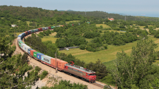 Colorato treno di containers in risalita dal porto di Capodistria, con in testa la Brigitta 363 017 sotto sforzo.