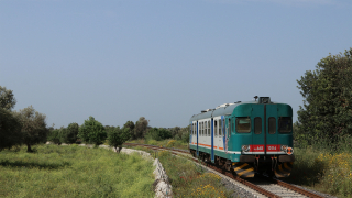 Transito al passaggio a livello sulla strada statale 115 nei pressi della stazione di Cassibile (SR), per la ALn668 1006, impegnata con il regionale 12799 da Modica a Siracusa.