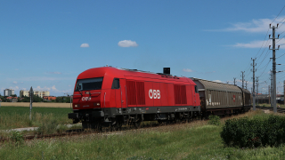 La OBB 2016 028 è qui ripresa al passaggio a livello in uscita dalla stazione di Wiener Neustadt, con un treno merci per Ortmann.