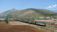 Treno merci per il trasporto di materiali ferrosi affidato alla E655 209, in transito a sud di Priverno