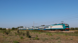 Regionale da Brindisi a Taranto, in transito nei pressi della zona industriale di Mesagne, in coda la E464 527.