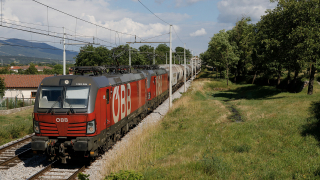 Merci effettuato in doppia di Vectron OBB, diretto a Villa Opicina, trainato dalle unità 1293 005 e 039, in transito a Povir.